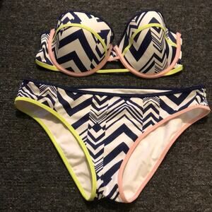 Victoria’s Secret The Fabulous Bikini Navy Blue & White Medium 32DD Strapless
